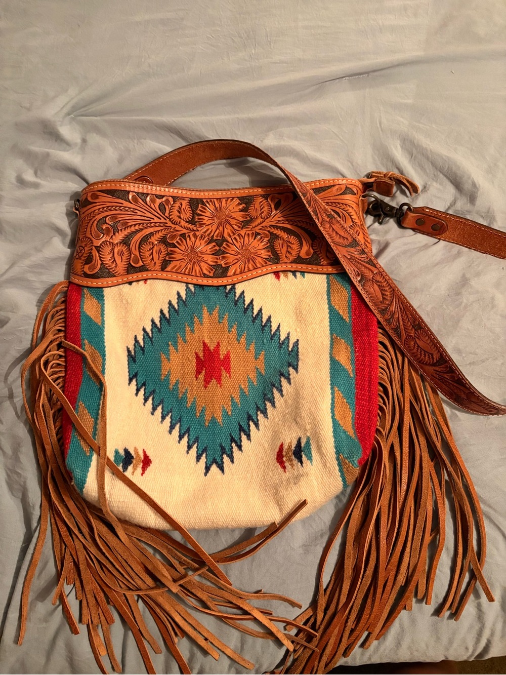 American Darling Turquoise and Tan Fringe Shoulder Bag